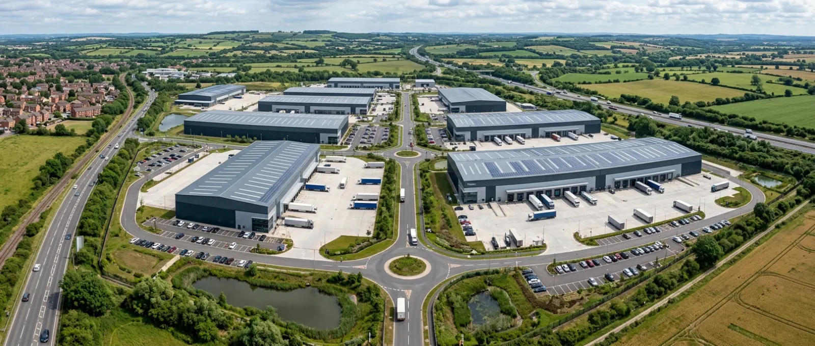 Fotorealistisches Luftbild-CGI für Logistik- und Industrie-Masterplan aus der Vogelperspektive