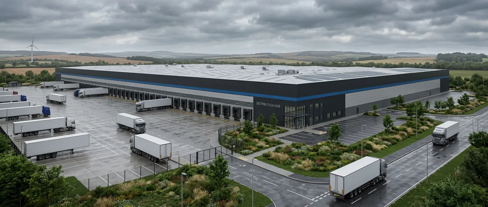 Fotorealistisches Logistikhalle Visualisierung mit großem Verteilzentrum und Ladehof
