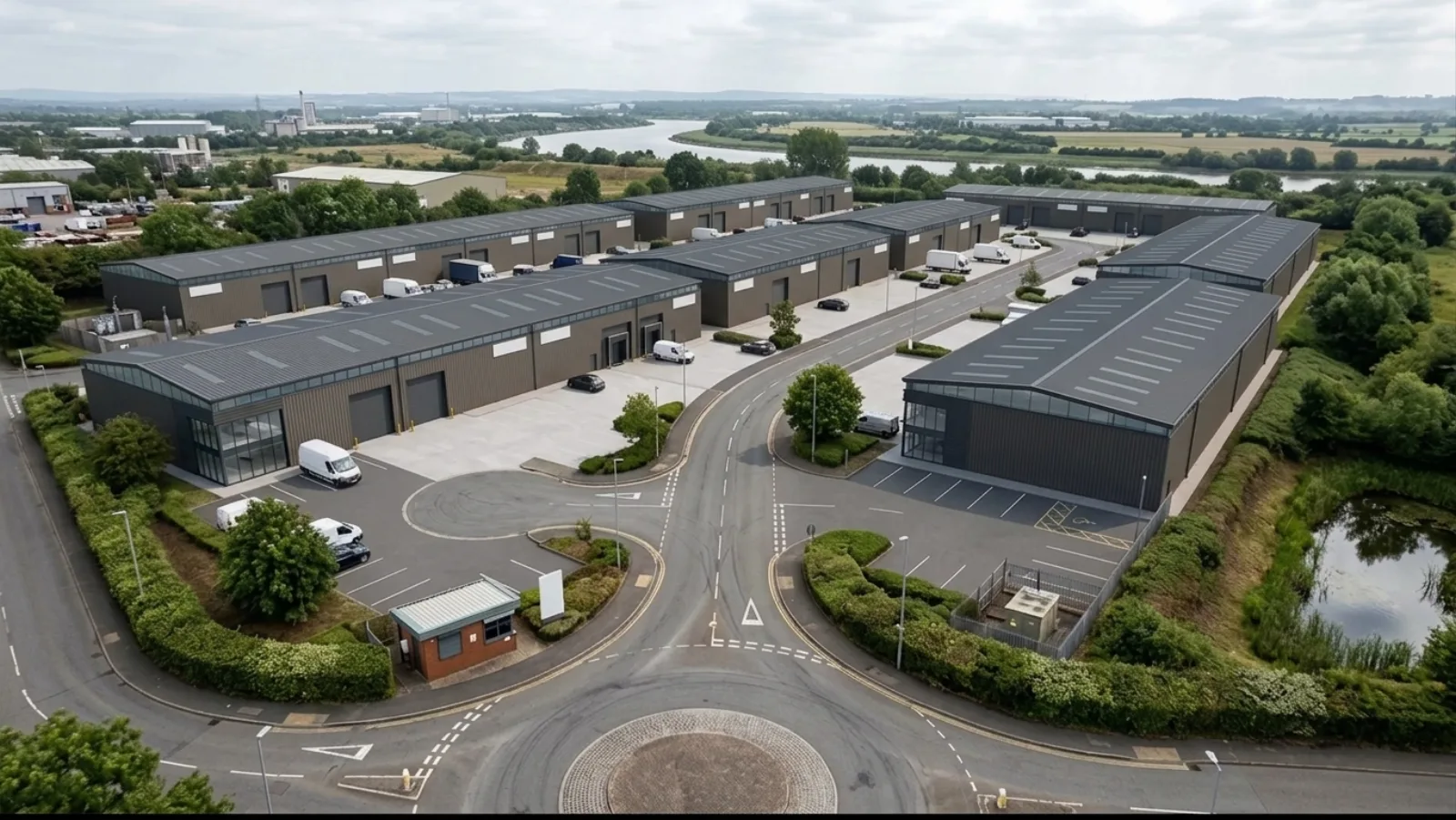 Industriepark CGI Refurbishment Variante mit anthrazitem Cladding, U-Shape Courtyard, shared yard und Landschaftsrand