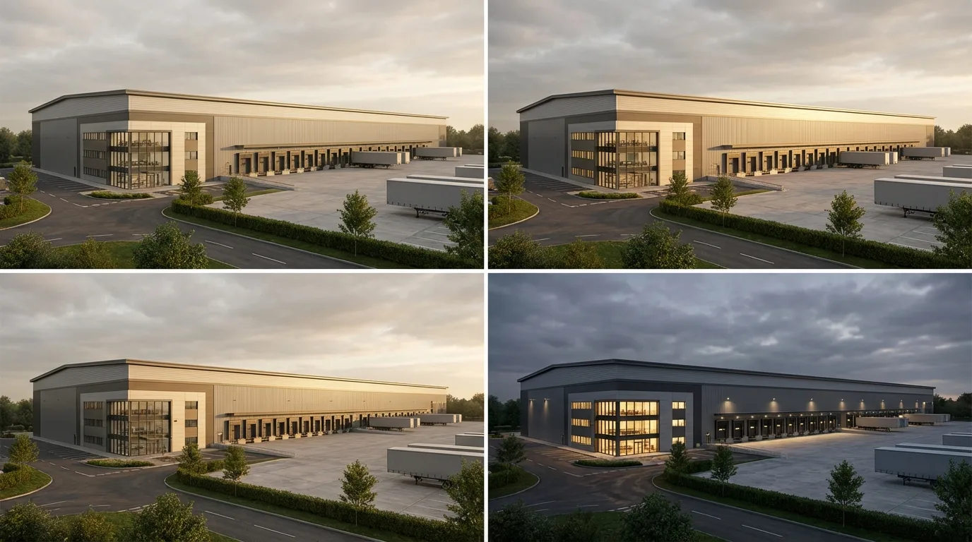 Logistikzentrum Visualisierung mit Hallenfront, Ladehöfen und vermietungsfähiger Außenansicht