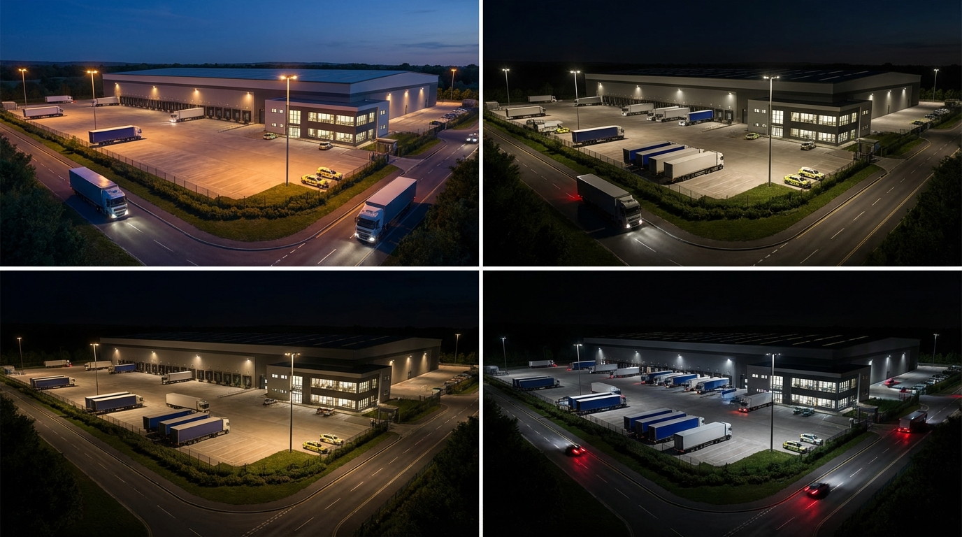 Distributionszentrum Nachtbetrieb Visualisierung mit beleuchtetem Lkw-Hof und aktiver Docklinie
