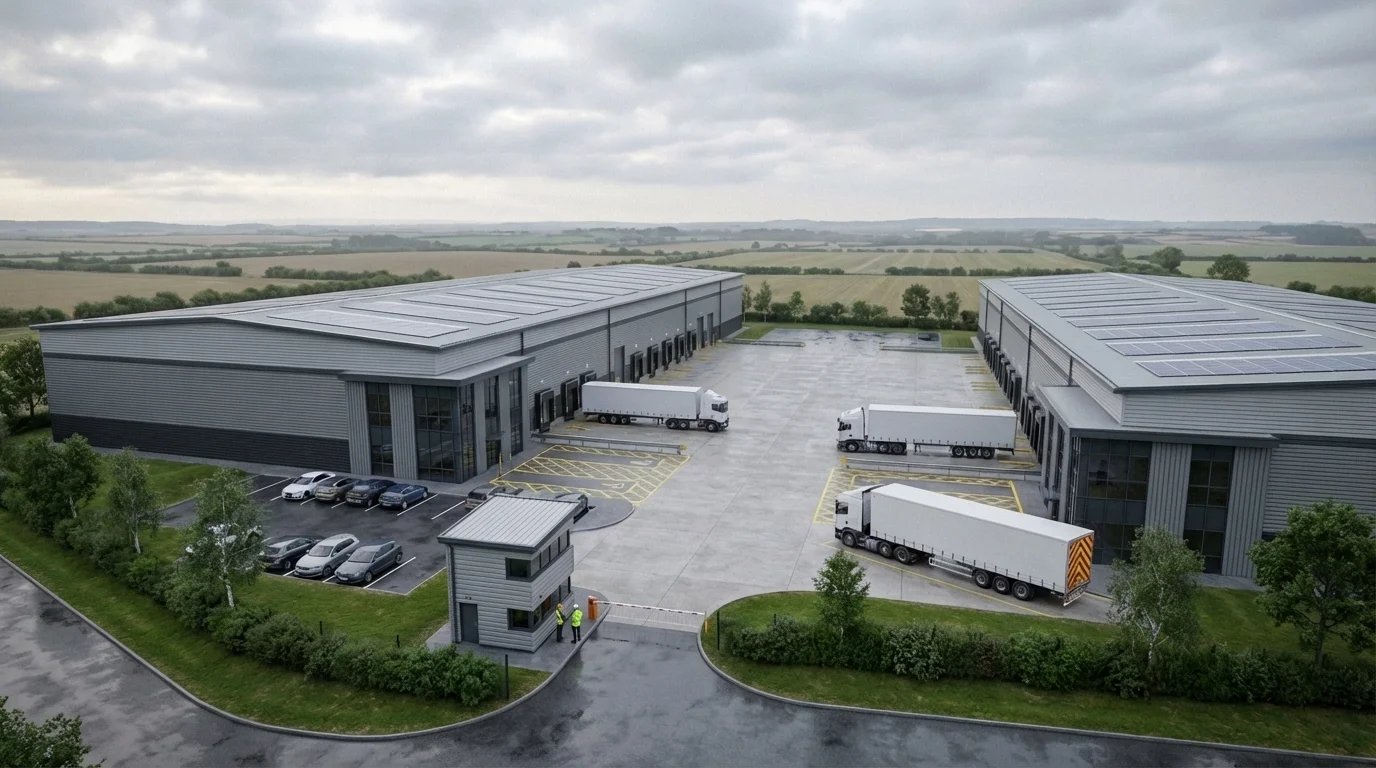 Aerial CGI eines Big-Box Logistikparks mit zwei Grade A Units, Service Yard, PV-Dach und Landschaftsbund