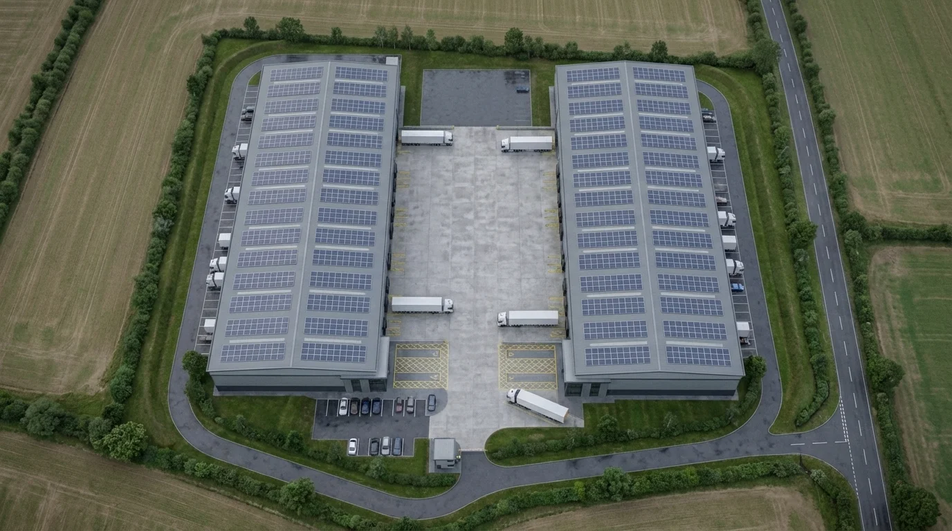 Masterplan CGI eines Big-Box Logistikparks mit zwei Grade A Units, Yard, PV Array und Landschaftsbund