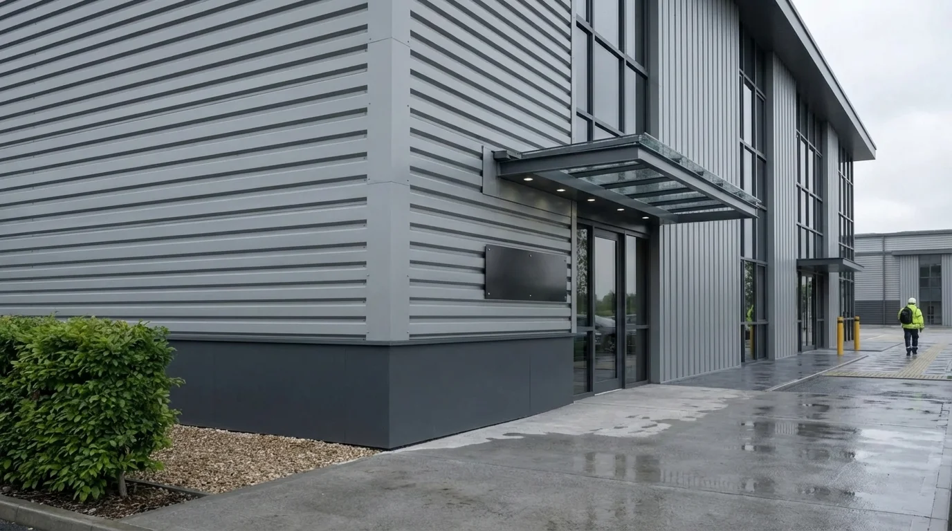 Fassadendetail CGI mit charcoal plinth, ribbed cladding, curtain wall corner und entrance canopy