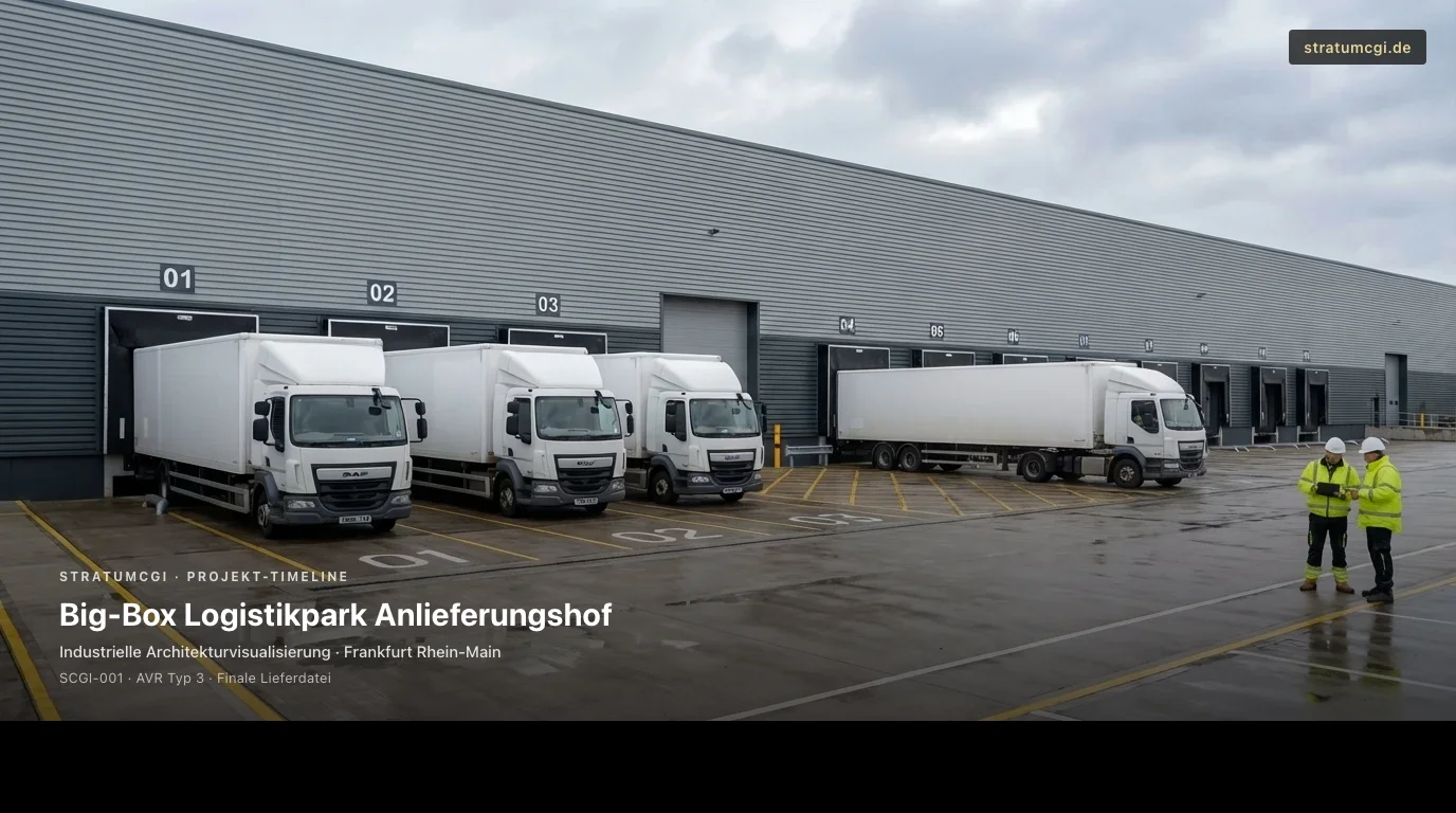 Big-Box Logistikpark CGI Service Yard mit Docklinie, HGVs und Yard Markings als Timeline Bild