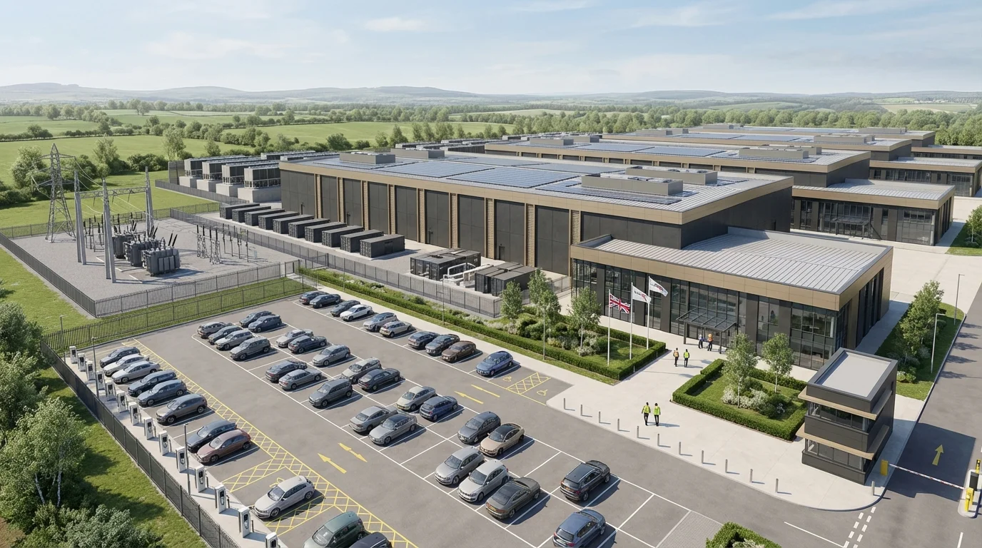 UK Referenz-CGI für einen Hyperscale AI Rechenzentrum Campus mit Datenhalle, Plant Yard und Sicherheitsperimeter