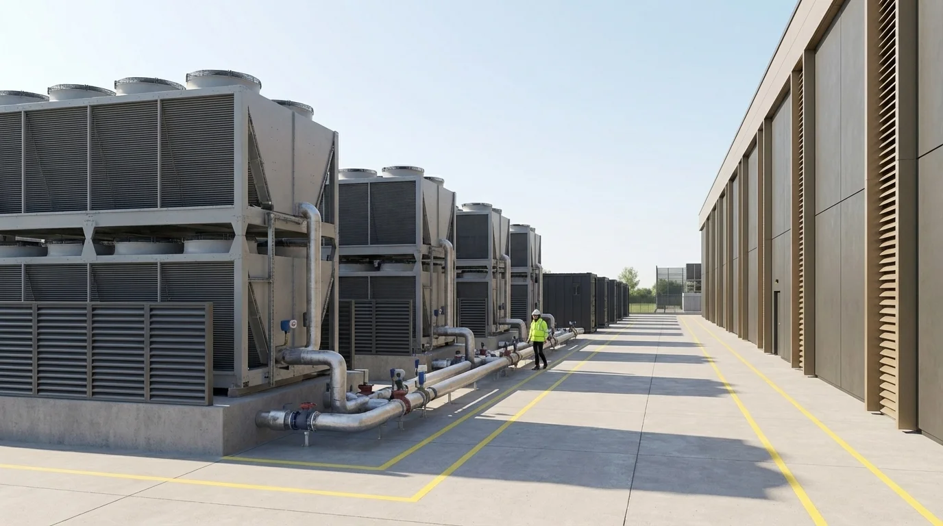 Liquid Cooling Plant CGI mit Dry Cooler Bank, Akustikscreen, Rohrtrassen und Generatorlinie