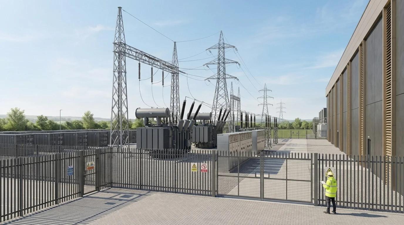 Umspannwerk und BESS Compound CGI mit Transformatoren, Switchgear, Batteriecontainern und Sicherheitszaun
