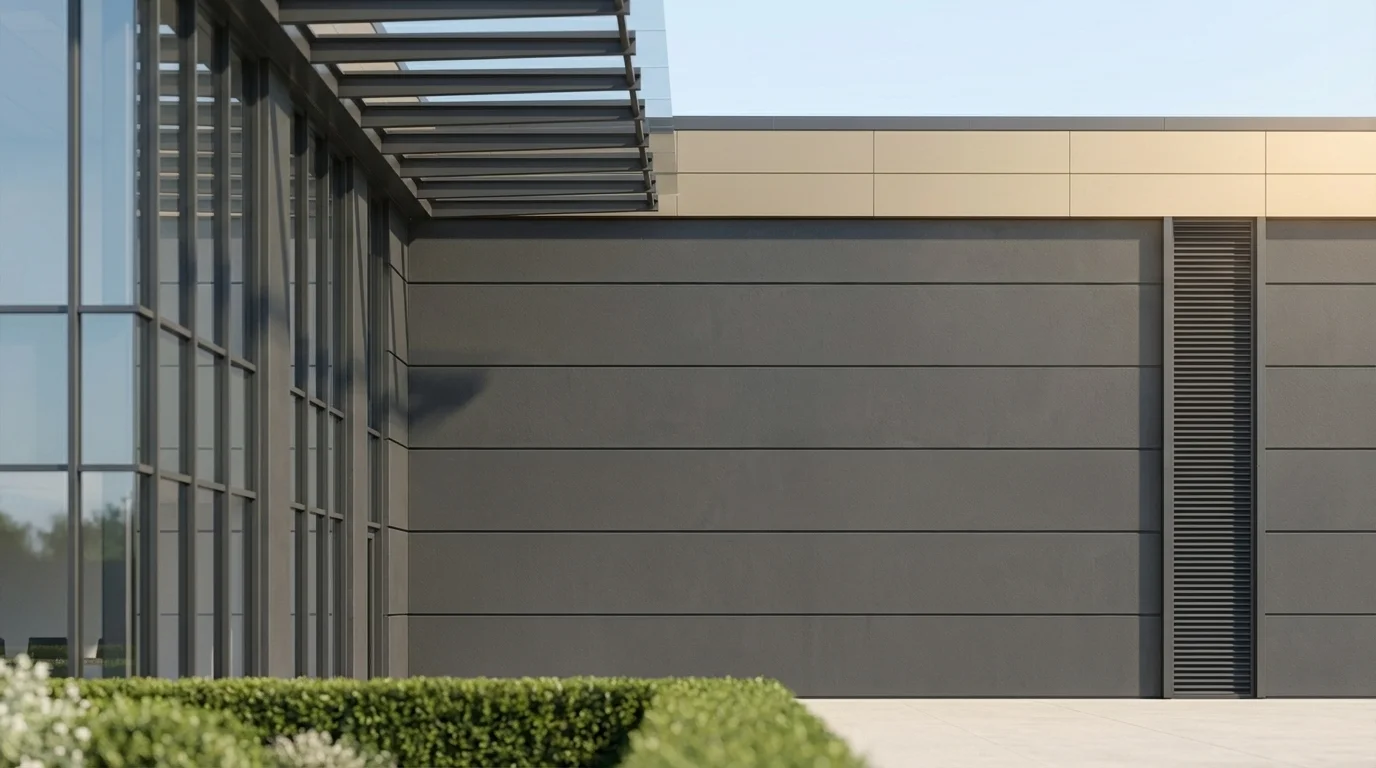 Fassadendetail CGI mit dunklen Betonpaneelen, Aluminium-Cladding und vertikalen MEP Louvres