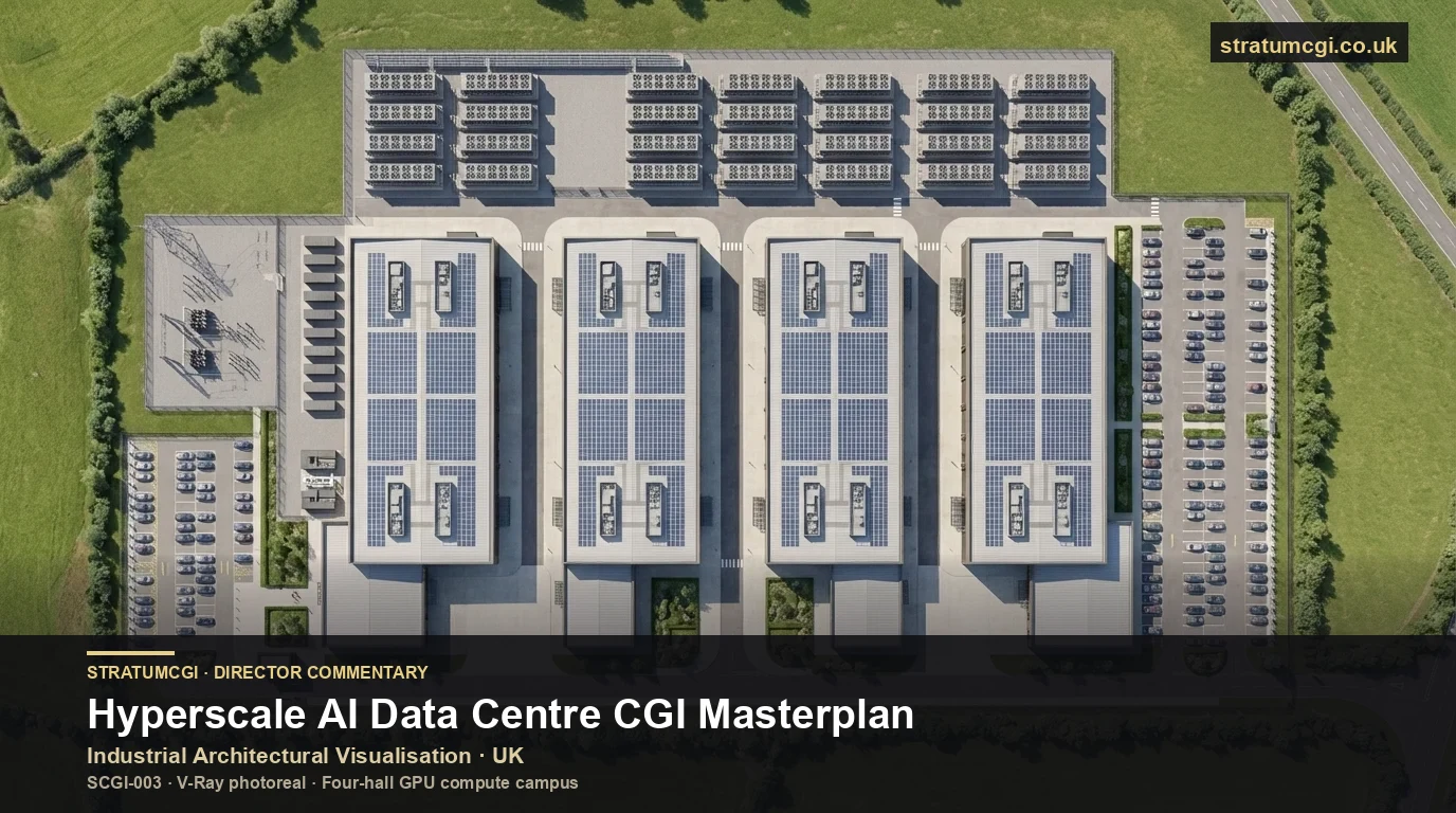 Director Commentary Bild für einen Hyperscale AI Rechenzentrum Campus mit Masterplan und technischer Infrastruktur