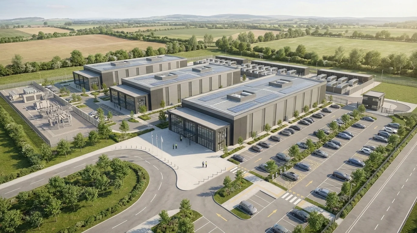 Aerial CGI eines Hyperscale Rechenzentrums mit Datenhalle, Chiller Yard, Generatorlinie und Umspannwerk