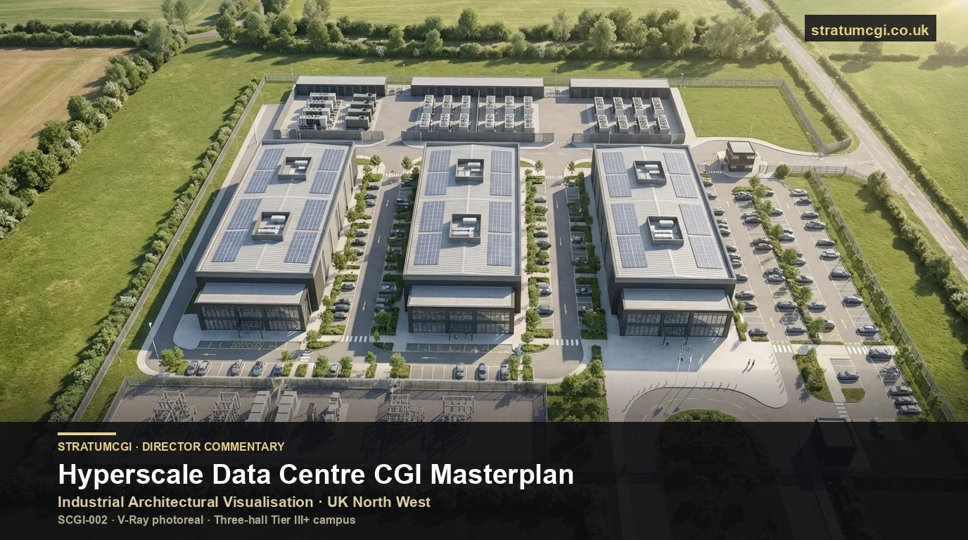 Director Commentary Bild für ein Hyperscale Rechenzentrum mit Masterplan, Plant Yard und technischer Infrastruktur