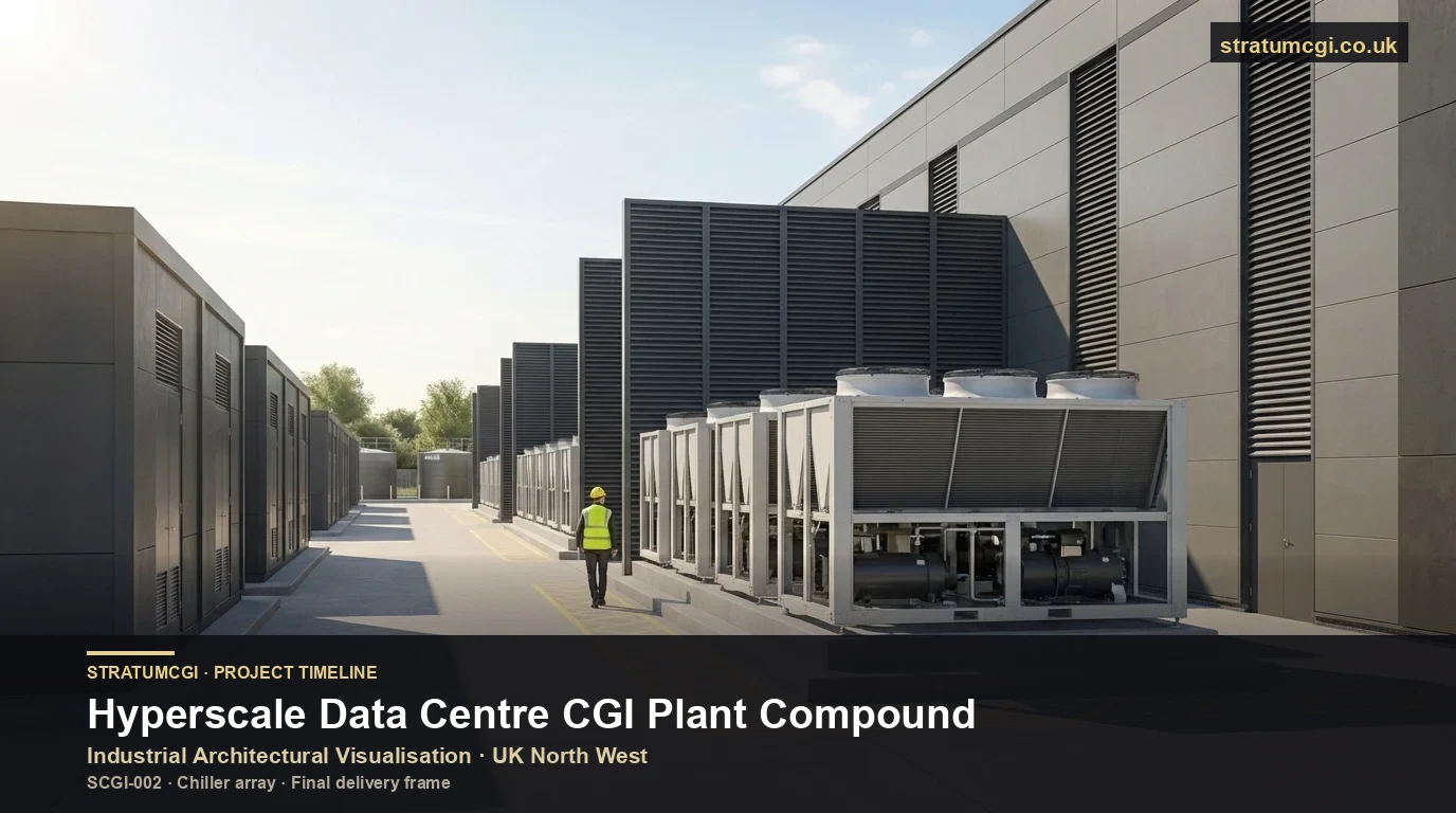 Hyperscale Rechenzentrum CGI Plant Yard mit Chiller Array, Generatorlinie und Umspannwerk als Timeline Bild