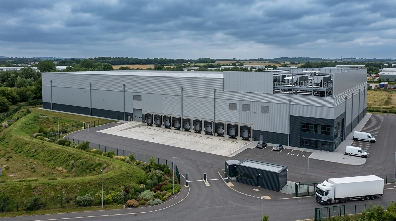 UK Referenz-CGI für ein Kühllager Logistikzentrum mit Kühlhülle, Service Yard und Technikabschirmung