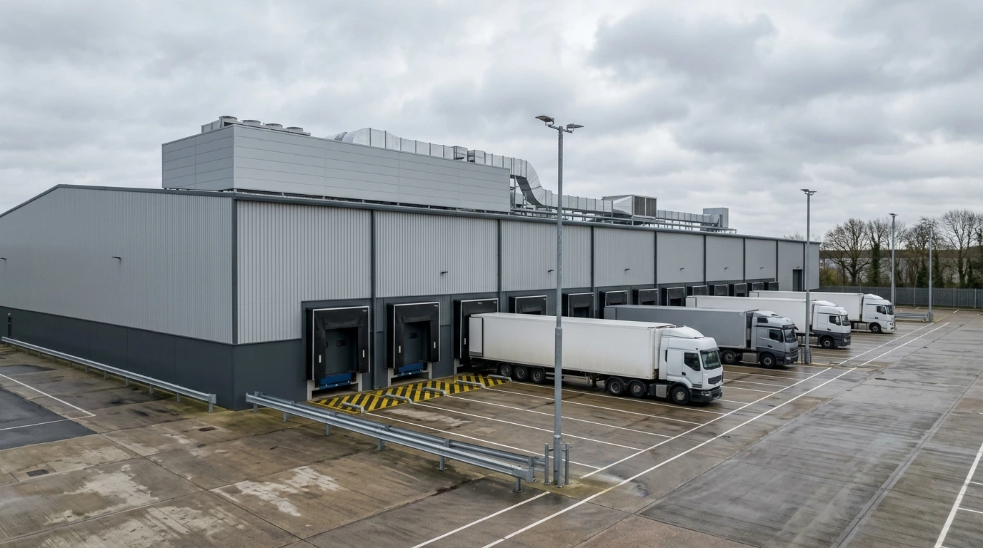 Service Yard CGI mit rückwärts angedockten Sattelzügen, Dock Levellers, Dock Shelters und Rangierfläche