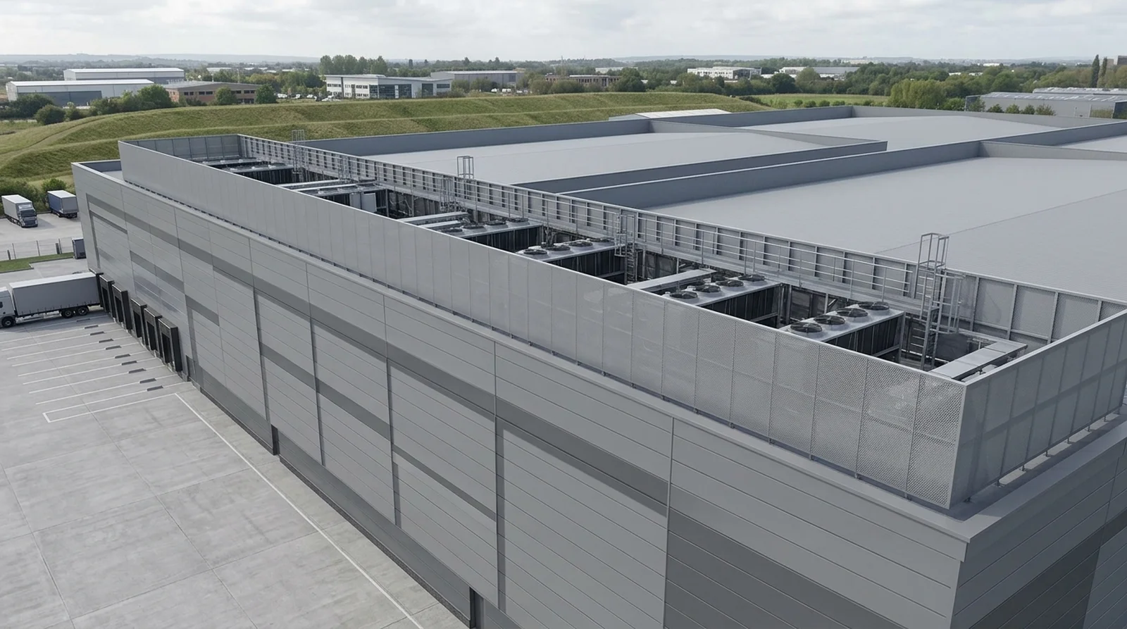 Dachlinien CGI eines anonymisierten Kühllagers mit Technikschirm, Kältegeräten, Wartungsstegen und Zugang