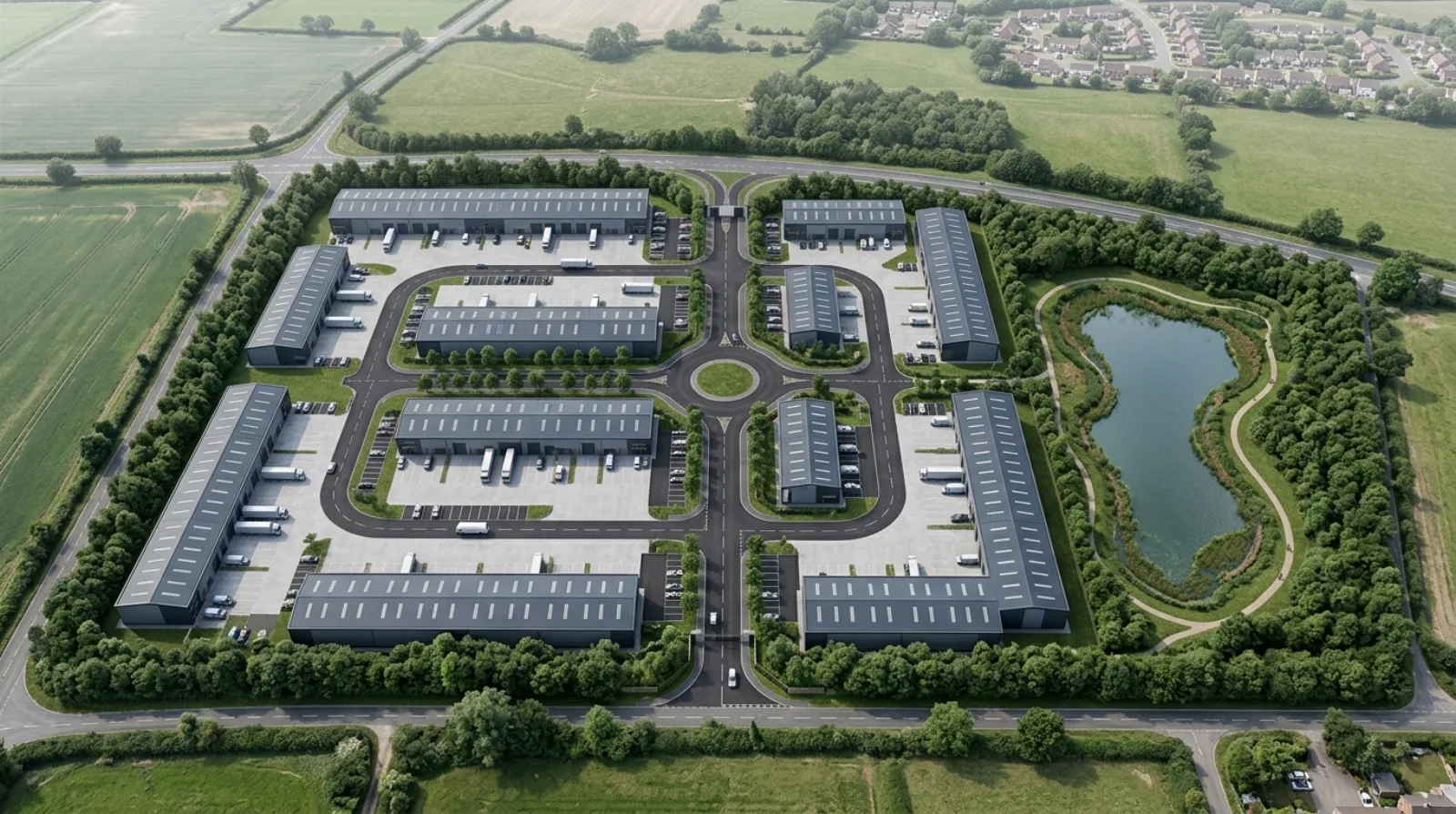 Industrieimmobilien Visualisierung mit Masterplan-Aerial, Gewerbepark-Struktur und vermarktungsfähigen Einheiten